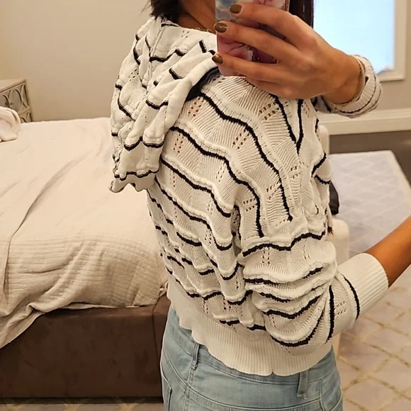 Central Park West White and Black Stripe Knit Hoodie Sweatshirt - Picture 4 of 5